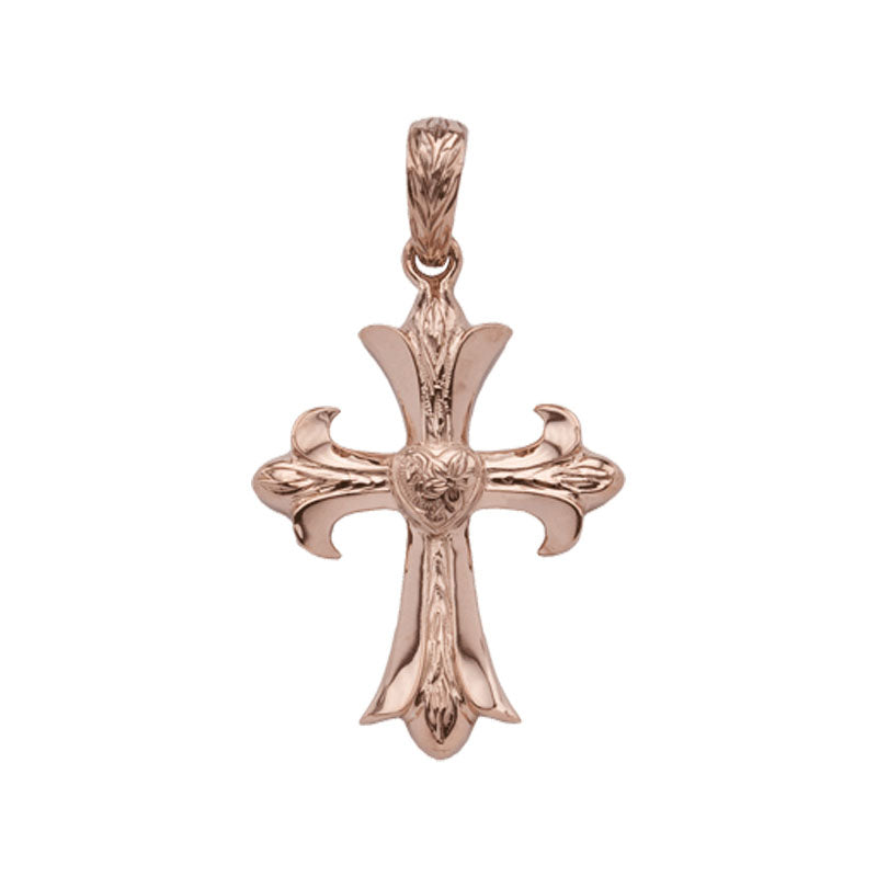 Heart Cross Pendant Half Engraved Small Pink Gold*SALE*